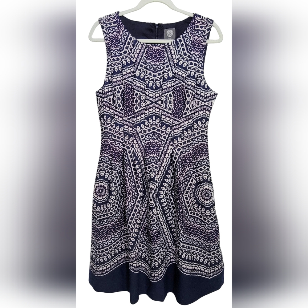Sleeveless Navy and White Patterned Fit-and-Flare Dress